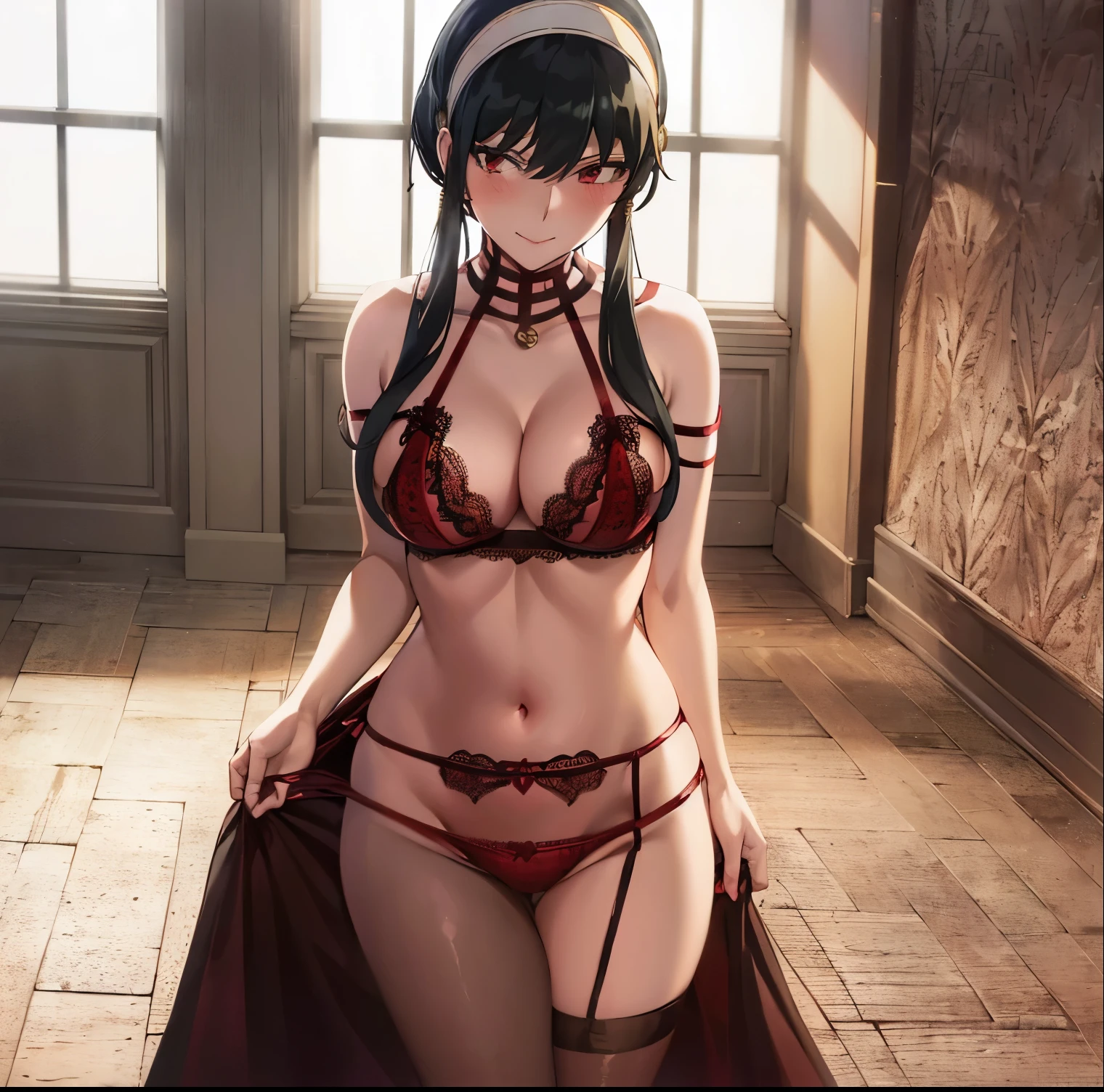 ((1girl)),((alone)),Yor Forger,(masterpiece), (best quality), (ultra detailed), (best illustration), (best shadow), (absurdities), sharp focus, cowboy photo , mature woman, looking at viewer, big breasts, narrow waist, wide hips, wide thighs, round butt, dynamic posture, golden headband, red eyes, black hair, short hair, hair with two long strands, gold earrings, jewelry, bare shoulders, collarbone, (white headband, red eyes, short black hair, long locks, gold earring, bare shoulders: 1.3, ((1piwza lingerie: 1.3)), ((red lingerie with black lace: 1.4)), ((cleavage)), navel: 1.4)), bare legs: 1.4, ((bare shoulders: 1.4)), bare thighs: 1.3, seductive smile, closed mouth, (sexy pose: 1.2), alone, standing: 1.3 , interior , house, room, window, night, cityscape, city lights, looking forward, ((focus on hips)), point of view: (from middle), red blush, perfect anatomy, perfect hands