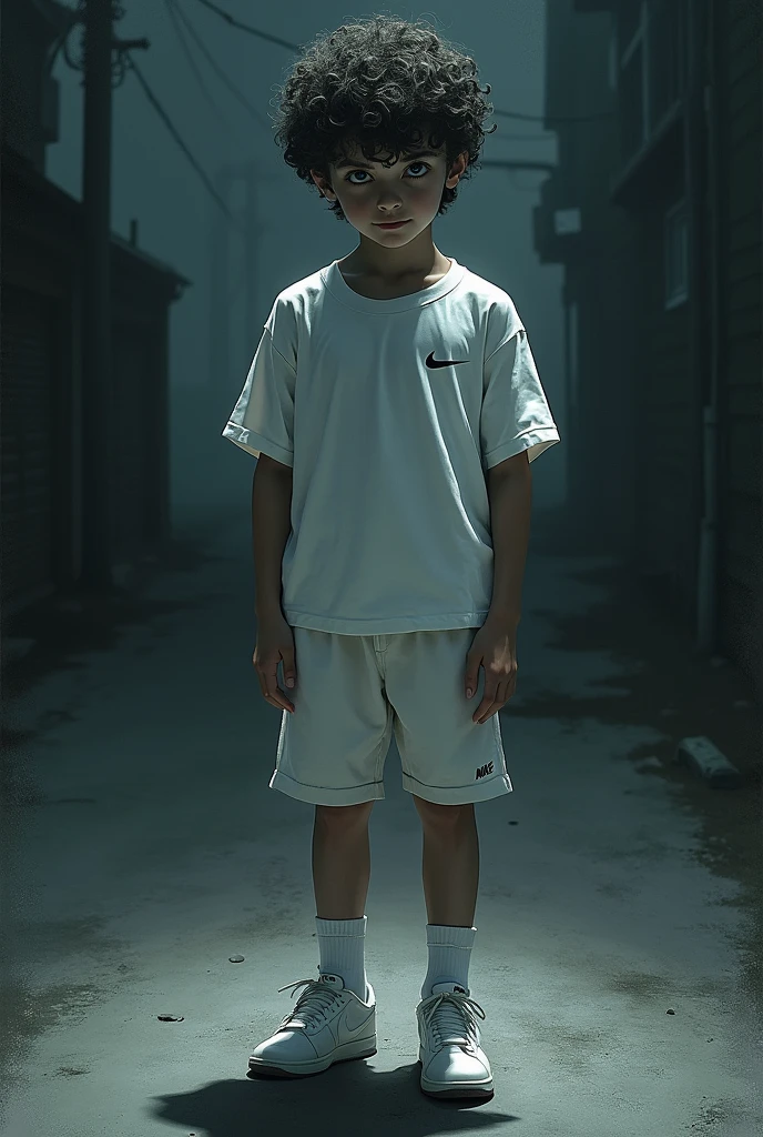 A boy with short curly hair 1,73 altar white Nike clothes dark road background style drawing evil face