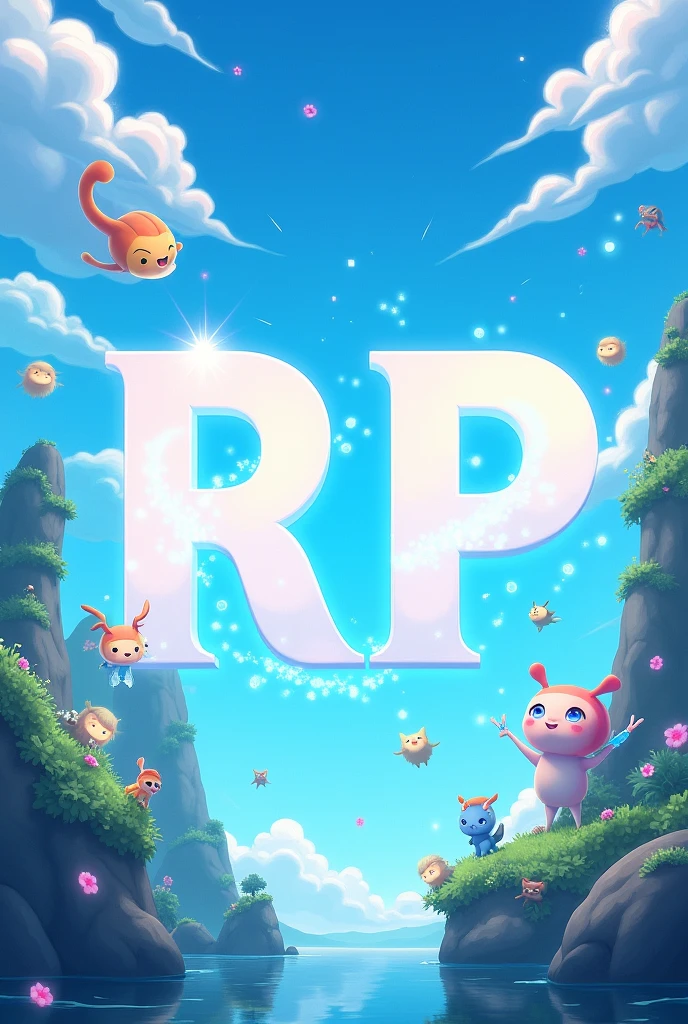 Make a 700 x 700 image with a light blue animated setting with anime and the letters RP centered and large with legendary lettering, do it like an advertising poster