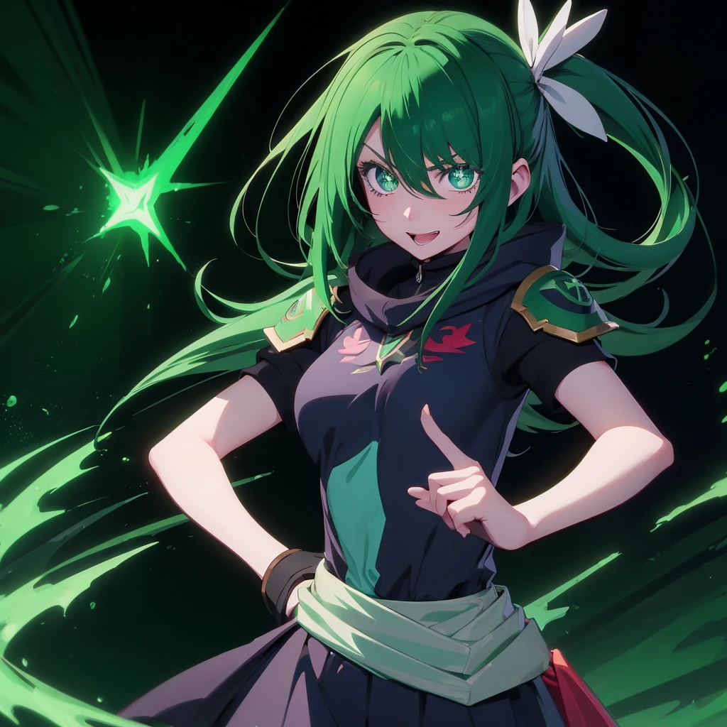 SHARPSHOOTER dota 2, anime style, green color, eye, cute, hoodwink, cute girl, happy, human hands