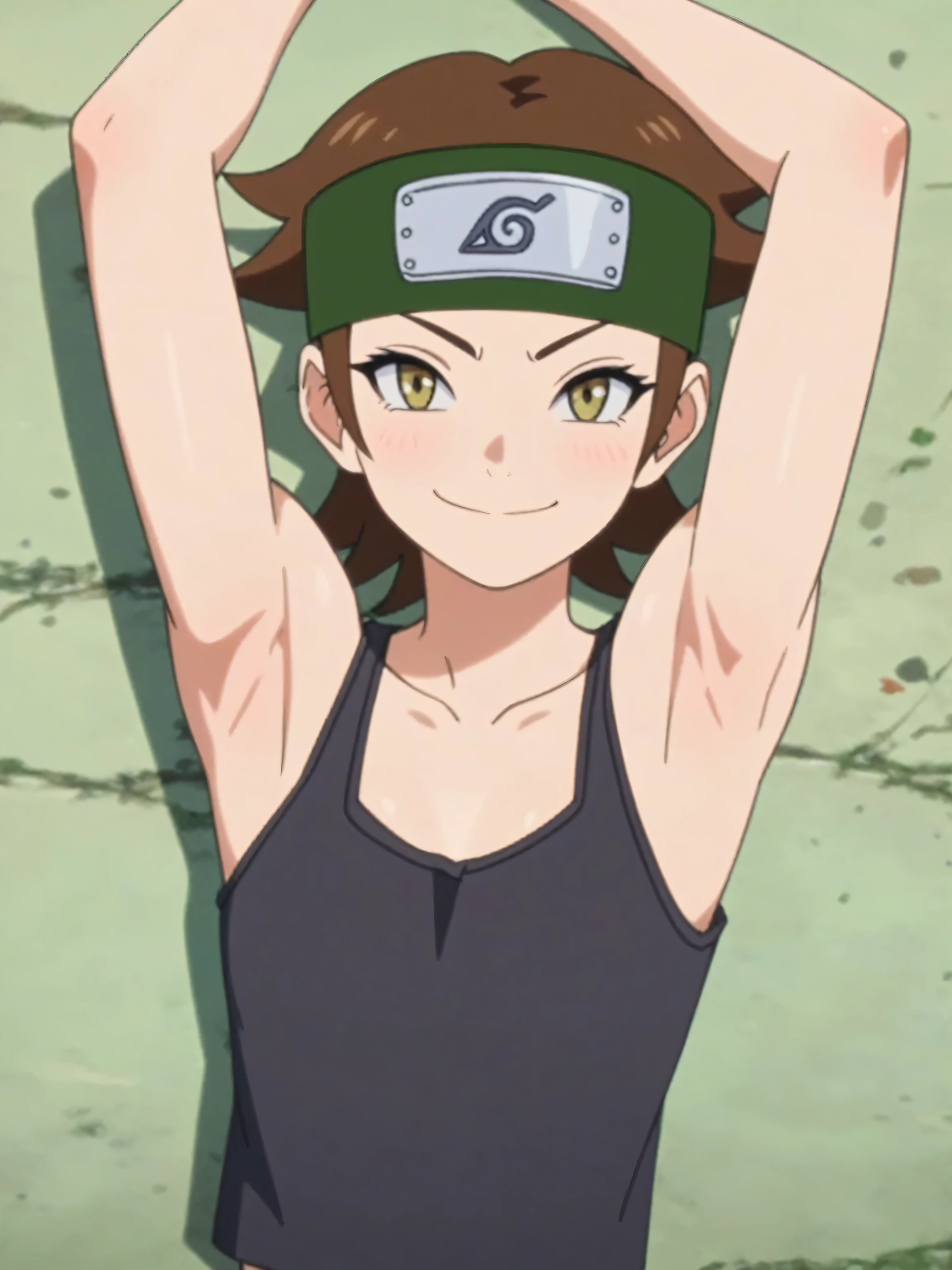 score_9, score_8_up, score_7_up, source_anime, anime screencap, izunowasabi, brown hair, headband, small breasts, collarbone, tank top, black tank top, bare shoulders, bare arms, 1girl, solo, looking at viewer, eye contact with viewer, smile, (smug:0.8), closed mouth, light blush, bare shoulders, bare arms, arms up, raised arms, arms behind head, armpits