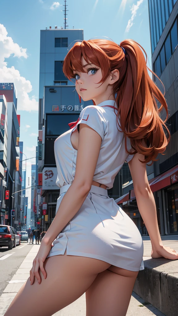 (masterpiece, best quality, detailed), Asuka Langley soryu, neon genesis evangelion anime, sexy girl, German nationality, dressed in her blue school uniform, White shirt, blue dress white socks, black shoes, cara hermosa, ojos muy detallados, cara muy realista, cutis perfecto, Young, skynny body, small and beautiful buttocks, toned abdomen, small and beautiful breasts, obscene, sensual, malevolent, Eva 03 in the background, edificios in the background, Dramatic background, clouds, Tokyo City 3, pose sensual, the sky is shining, the sun illuminates its beauty, sensual look, Whole body, beautiful eyes, classic hairstyle,Hair dyed in bright red color, best quality,4k,8k,A high resolution,masterpiece,Ultra detailed,realistic, Photorealistic,photo realistic