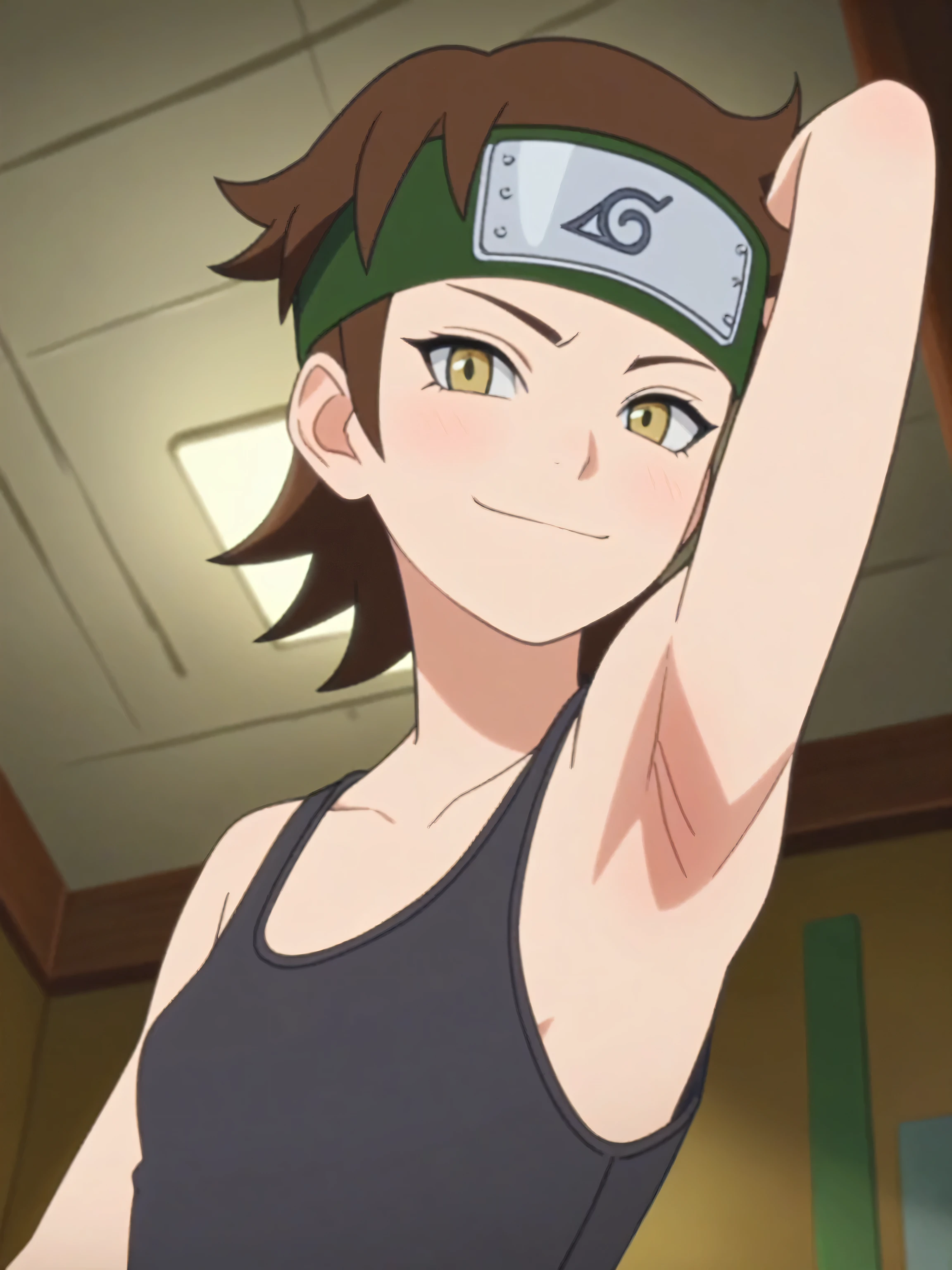 score_9, score_8_up, score_7_up, source_anime, anime screencap, izunowasabi, brown hair, headband, collarbone, small breasts, tank top, black tank top, bare shoulders, bare arms, 1girl, solo, looking at viewer, eye contact with viewer, smile, (smug:0.8), closed mouth, light blush, bare shoulders, bare arms, arm up, raised arm, arm behind head, armpit, (from side, from below:1.1)