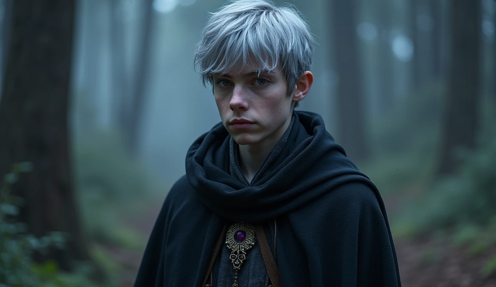 Character based on the world of Lord of the Rings, A high-fantasy horror, dark lord, a ager half-elf young man with silver short hair and purple eyes, teen Dark wizard, A younger man wearing a long cloak, rivendell, younger half-elf sorcerer, high realism. A one black haired woman before him