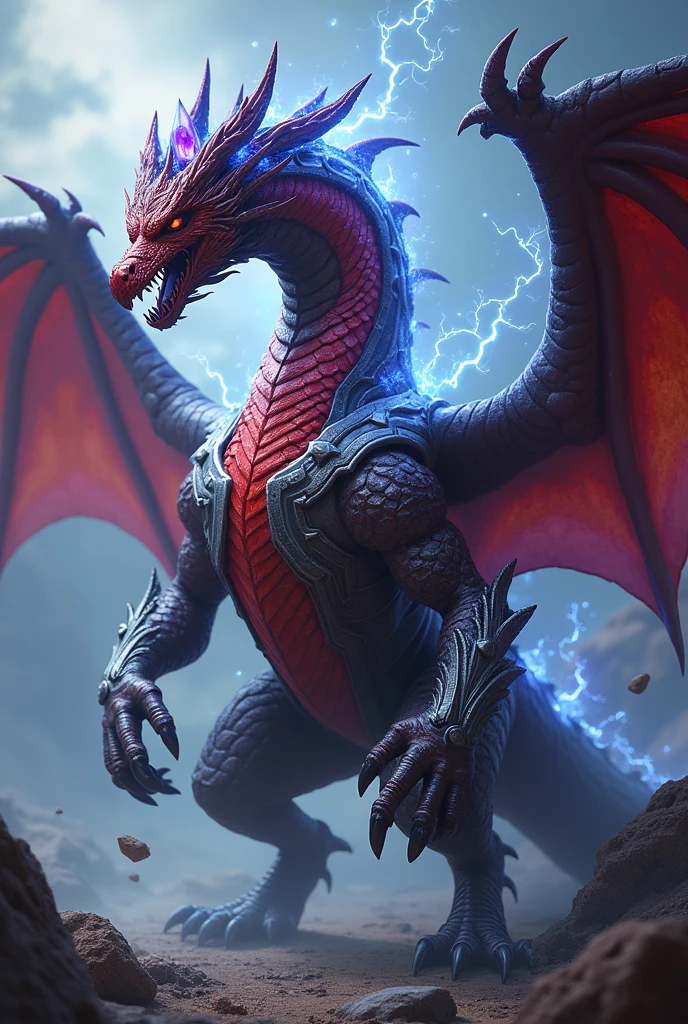 In adult dragon form, Kairon becomes an imposing and majestic figure. Its skin is covered in red scales with a deep black sheen., interlaced with silver plates that reinforce vital areas such as the chest and wings. Blue and white electric currents crackle along his body, radiating the energy of the Storm Dragon. Floating around your head, amethyst stones form an ethereal crown, symbol of his ability to manipulate gravity. The shadows around you move unsettlingly, reflecting the influence of the Umbral Dragon. Kairon is an overwhelming presence, a fusion of elemental power and draconic majesty..