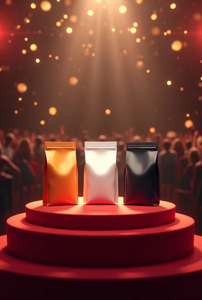 Create an award ceremony and on the podium there are 3 sachet-type packages with different colors, orange, white and black, and camera flashes in the background. 
