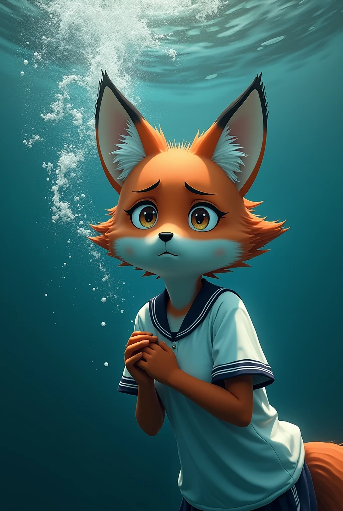 1 anthropomorphic female fox in a short sleeve school sports uniform, drowning underwater, without breath, looking up with a worried and drowning expression on her face, grabbing her chest with her hands, side face, beautiful realistic and expressive eyes, beautiful detailed face, drowning pose, detailed and realistic hands, (best quality,4k,8k,highres,masterpiece:1.2),ultra-detailed,(realistic,photorealistic,photo-realistic:1.37),highly detailed, cinematic lighting, dramatic, emotional, underwater scene, underwater peril, underwater struggling, realistic water effects, water, bubbles, detailed facial features.