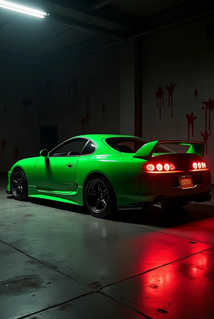 Toyota supra mk4 1993 model in green color and bloody lights with dark background