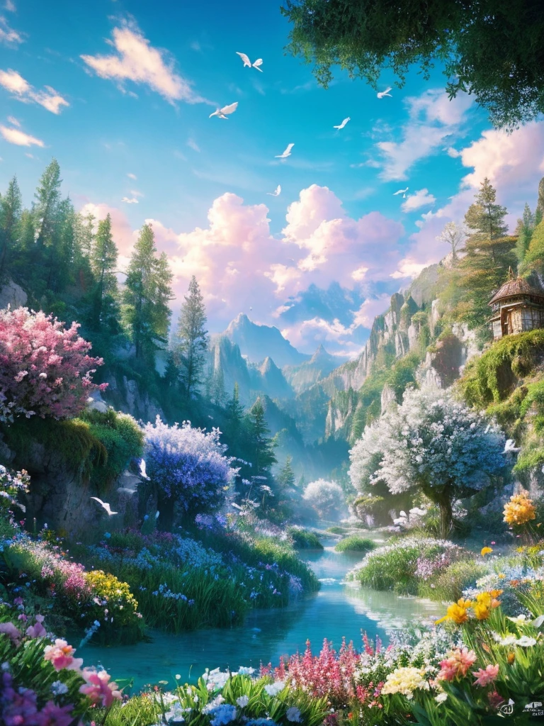 masterpiece, 最high quality, high quality,Very detailed CG unity 8k wallpaper, Enchanting and dreamy fantasy forest scenery, Seven-Colored Garden, Valley of the Fairies with a River Flowing Through It, Mysterious and fascinating, Sky Blue Sky, White dove flies, Complex, sunset, pastel colour, Award-winning photography, Written boundary depth, High resolution, bloom, chromatic aberration ,Realistic,Very detailed, White cloud, Trending on CGSociety, Complex, Attention to detail, dramatic, art:The middle of a journey