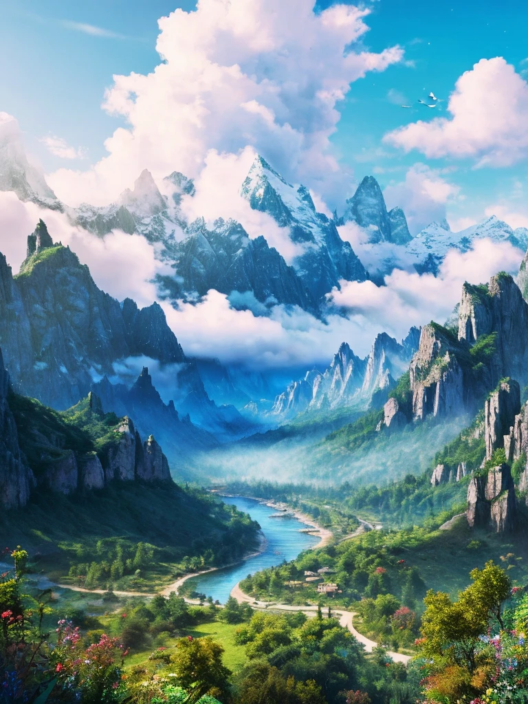 masterpiece, 最high quality, high quality,Very detailed CG unity 8k wallpaper, Enchanting and dreamy fantasy forest scenery, Seven-Colored Garden, Valley of the Fairies with a River Flowing Through It, Mysterious and fascinating, Sky Blue Sky, White dove flies, Complex, sunset, pastel colour, Award-winning photography, Written boundary depth, High resolution, bloom, chromatic aberration ,Realistic,Very detailed, White cloud, Trending on CGSociety, Complex, Attention to detail, dramatic, art:The middle of a journey