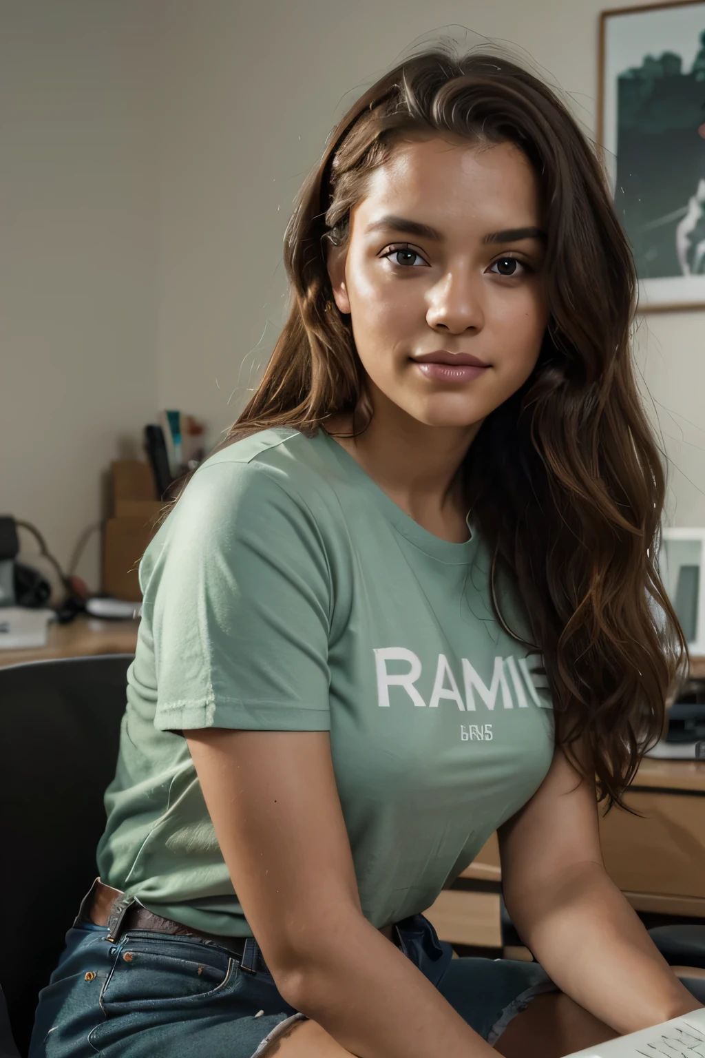 brown haired girl, latin american, wavy curly hair, soft green eyes, sitting at her laptop and working, casual grey t-shirt, daylight, in an office, photorealistic style, high contrast light, maximum detail, cinematographic image, maximum detail, professional lighting, Sony A7III camera, 50mm 1.8 lens, curly hair, brown hair, smile, close up, from the side, cinematic lighting, textured skin, 8k, masterpiece, anatomically correct, textured skin, 16k