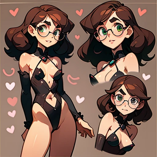 A girl with a rounded and youthful face, with soft features
Large and expressive eyes, dark brown in color. Her eyes are framed by long, curved eyelashes and she wears round green glasses
Eyebrows Naturally shaped and slightly arched, in a dark brown tone that matches her hair
Nose Small and slightly flattened, giving her a sweet and friendly appearance.
Her mouth has thin lips with a kind and sometimes curious smile. Her smile is usually wide and expressive.
Dark brown curly and voluminous hair, with curls that fall messily around her face and down to her shoulders
Her body is Slim and youthful in build, a little robust with little chest and big hips
Dressed in transparent erotic Lingerie and with Butterflies elements (Hearts covering the nipples)
(((character sheet))) ((various views)) ((front and back) (Face detail) (full body)
