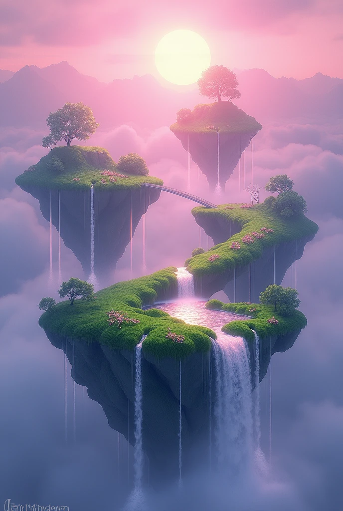 Ethereal Floating Isles: Imagine a cluster of floating islands, each suspended in a vibrant sky of soft pinks and purples, as if plucked from a dream. Lush green grass carpets the islands, dotted with iridescent flowers that glow faintly in the dusk. Gentle waterfalls cascade from the edges, tumbling down into the endless sky below, evaporating into mist that dances in the air. The atmosphere is serene, with the only sound being the soothing rush of water and the occasional melodic chime from the wind brushing through crystal formations scattered around. A bridge made of shimmering light connects the islands, inviting you to stroll between them as you bask in the surreal beauty.