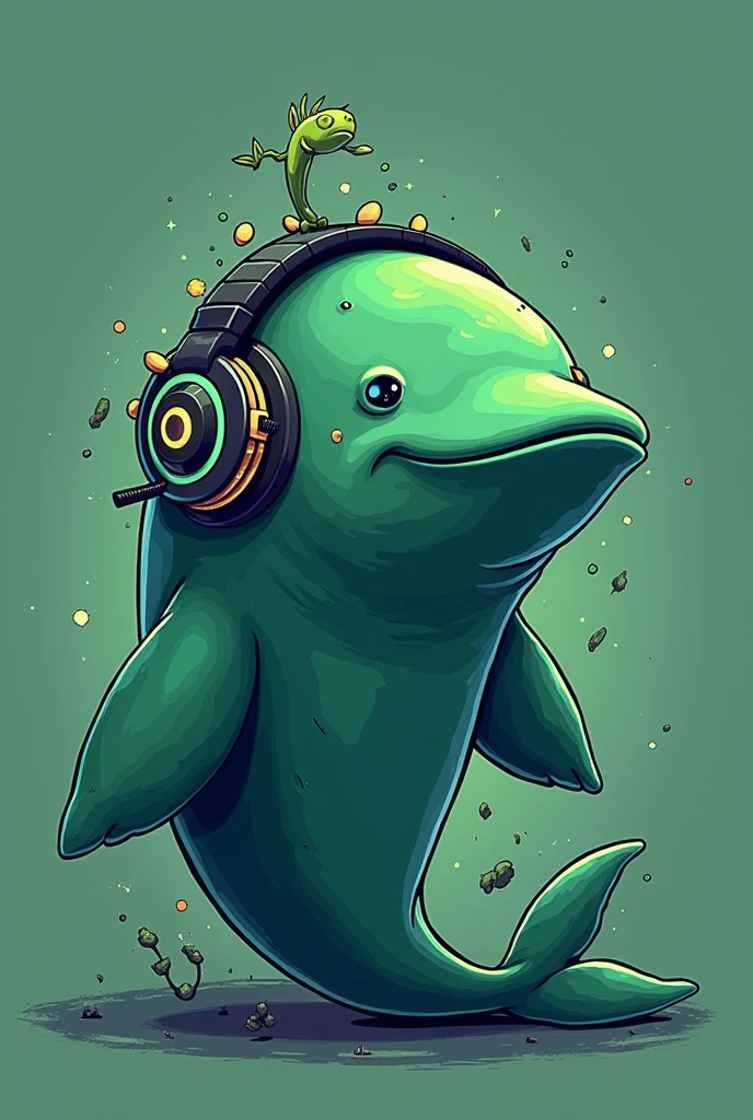 green gamer sperm whale with video game headphones for twitch logo