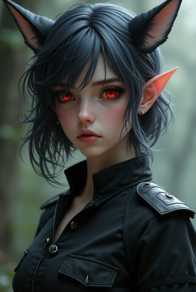 She is a 22 year old girl with elf ears, one small fangs, blood-colored eyes and pupils similar to those of wolves, hair black as night,but with silver locks, short to the neck and wavy. a black camouflage military suit, a cold personality, He is a student at the military academy "war and dragons" from the land of the elves