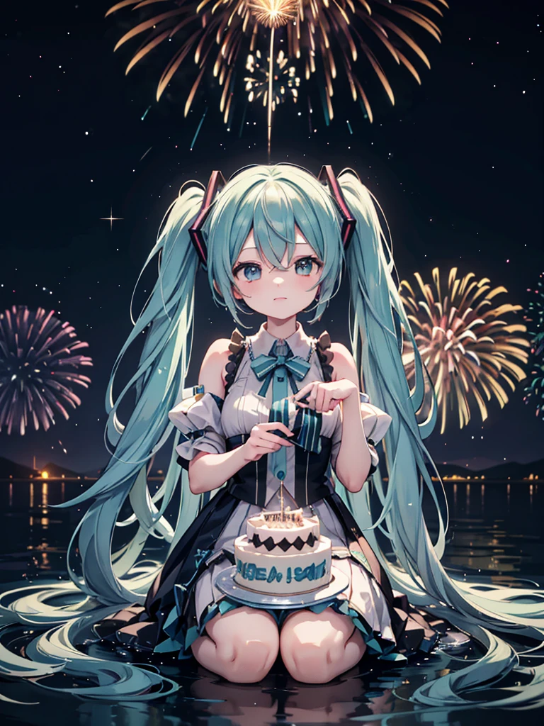 Hatsune Miku holding a birthday cake with a candle with the number 7 on it. Fireworks in the background.