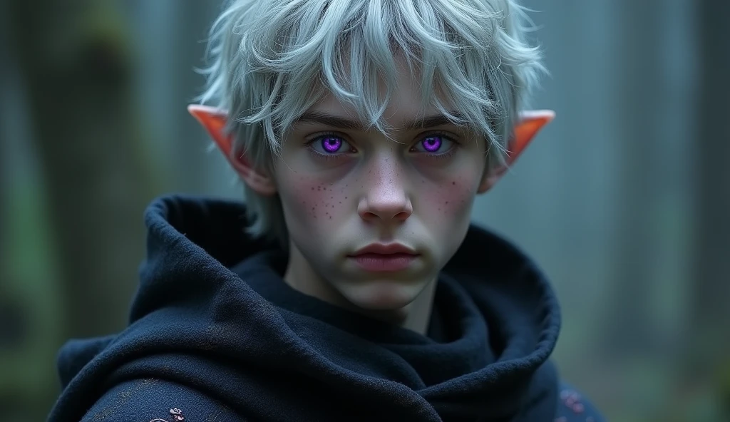 Character based on the world of Lord of the Rings, A high-fantasy horror, dark lord, a teenager half-elf boy with silver short hair and purple eyes, teenager Dark wizard, A boy wearing a long cloak, rivendell, younger half-elf sorcerer, oval face