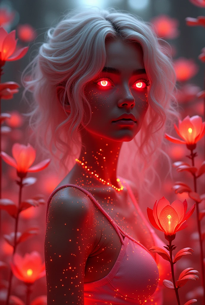 Certainly! Here's the revised prompt with everything bathed in red neon light:

---

**Prompt:** "A futuristic, otherworldly woman with luminous, neon red features. Her eyes and hair emit a radiant crimson glow, blending seamlessly with the surrounding environment. The scene is set in an enchanted digital forest, where holographic plants and flowers pulse with a soft, ethereal red light. Her skin is slightly reflective, with shimmering patterns that mimic the constellations. She stands gracefully among the glowing flora, her expression calm and inquisitive, embodying the mystique of a cybernetic fairy in a surreal, neon-lit landscape."
