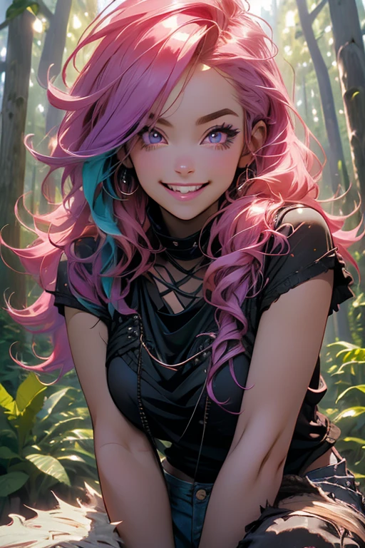 Perfect face. Perfect hands. A pink haired woman with violet eyes and an hourglass figure in a black lace tank top and ripped jeans is leaning forward in the forest with a big smile