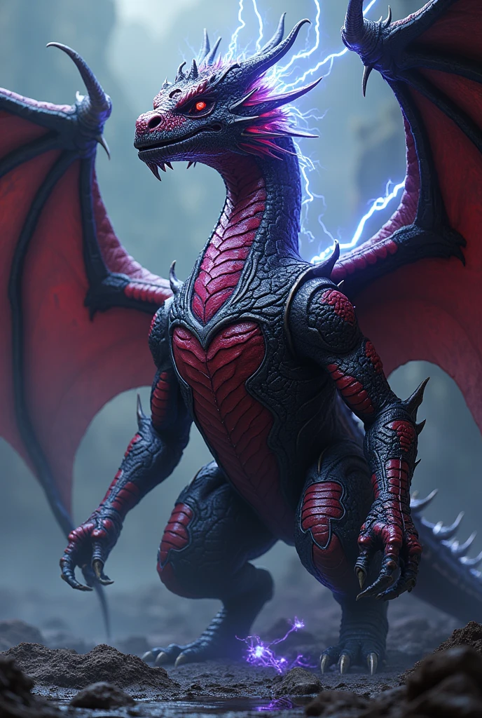 In adult dragon form, Kairon becomes an imposing and majestic figure. Its skin is covered in red scales with a deep black sheen., interlaced with silver plates that reinforce vital areas such as the chest and wings. Blue and white electric currents crackle along his body, radiating the energy of the Storm Dragon. Floating around your head, amethyst stones form an ethereal crown, symbol of his ability to manipulate gravity. The shadows around you move unsettlingly, reflecting the influence of the Umbral Dragon. Kairon is an overwhelming presence, a fusion of elemental power and draconic majesty..