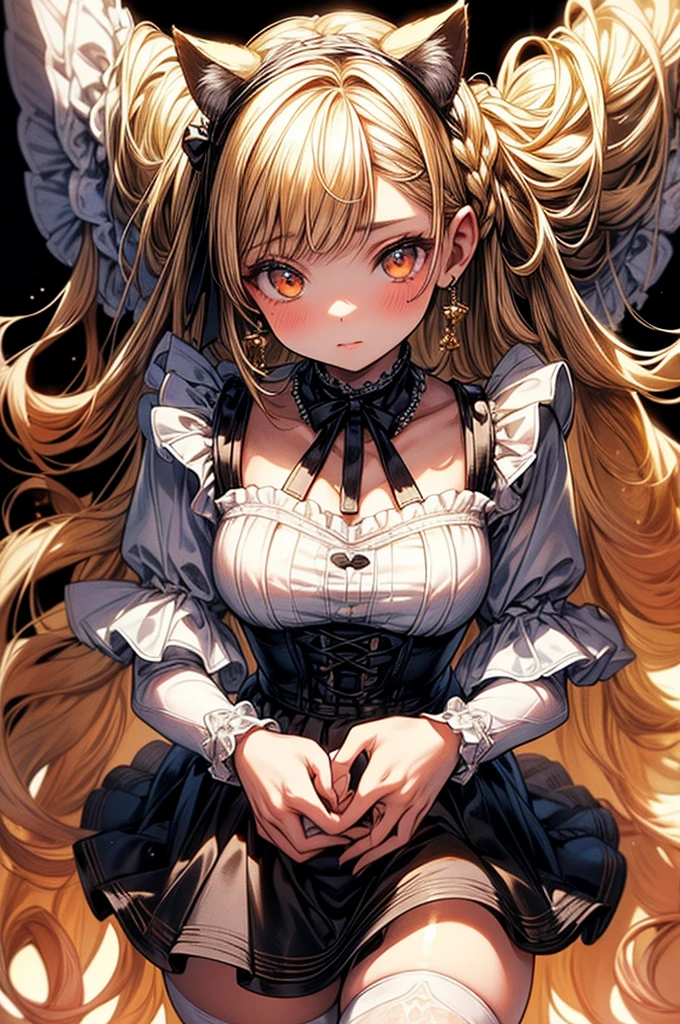 ((highest quality)),(ultra high resolution),(Super detailed),(detailed description),((best CG)),(best work of art),super precision art, great drawing art,(Art with precise details:1.5), (1 woman:1.5), beautiful and well-shaped face:1.5,(Beautiful skin with precise and detailed depiction:1.6),(Very precisely depicted French Maid outfit),provocative angle:1.6,gorgeous, masterpiece, best quality, high-resolution, finely detailed, extremely detailed and beautiful, distinct-image, 1 girl, solo, Simple Knee length dress, white frilly waist apron, beautiful young teenage girl, 13 years old, pearly white skin, Blonde braided ponytail hair, adorable and cute facial features, golden-brown colored eyes, sheer white stockings, plump thick lips, modest breasts, slender and slim toned body type, tall height(180cm), small narrow waist, wide curvy hips, plump large round ass, full body picture, cat-ears, cat tail
