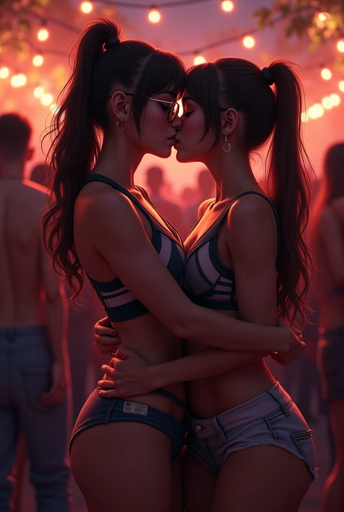 Lesbians in jeans kissing at a party
