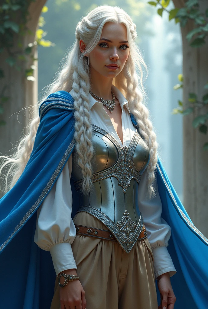 Sorceress with long white braided hair,wears white shirt and light brown pants with silver breastplate and blue cape with silver embroidery