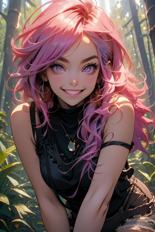 Perfect face. Perfect hands. A pink haired woman with violet eyes and an hourglass figure in a black lace tank top and ripped jeans is leaning forward in the forest with a big smile