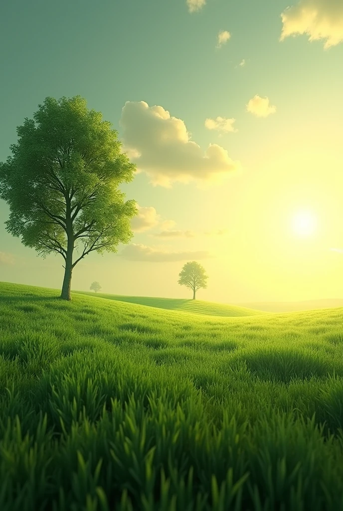 realistic landscape green field with a tree on the left with the sun on the right, 


