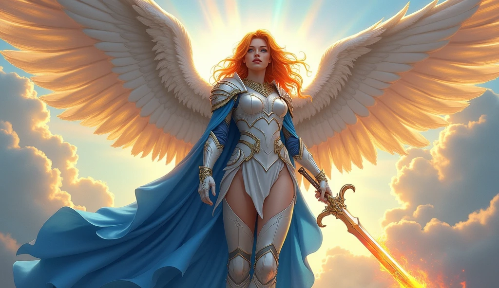 fantasy art, epic fantasy art,  a female angel standing guard in heaven, her wings spread wide, she holds a (fiery sword: 1.2), wearing intricate armor, white armor, she is wearing blue cloak, wearing high heeled boots, flowing cloak, most beautiful angel, (best detailed face: 1.3) orange hair, wavy hair, epic hair, blue eyes, (glowing blue eyes: 1.3),  heavenly clouds, rainbow background. divine rays, vibrant, Ultra-high resolution, High Contrast, (masterpiece:1.5), highest quality, Best aesthetics), best details, best quality, highres, ultra wide angle, 16k, [ultra detailed], masterpiece, best quality, (extremely detailed: 1.5),