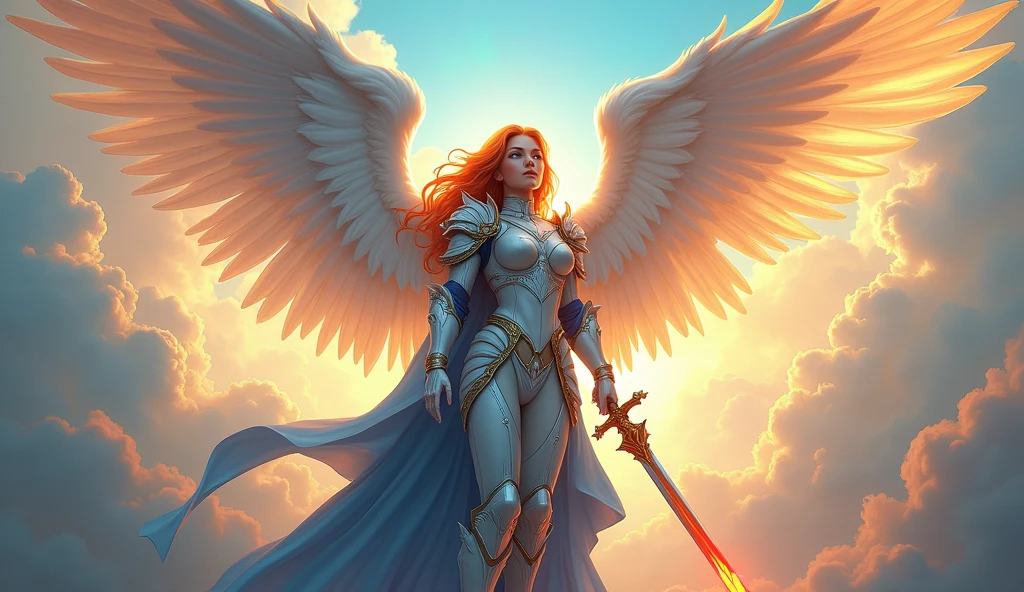 fantasy art, epic fantasy art,  a female angel standing guard in heaven, her wings spread wide, she holds a (fiery sword: 1.2), wearing intricate armor, white armor, she is wearing blue cloak, wearing high heeled boots, flowing cloak, most beautiful angel, (best detailed face: 1.3) orange hair, wavy hair, epic hair, blue eyes, (glowing blue eyes: 1.3),  heavenly clouds, rainbow background. divine rays, vibrant, Ultra-high resolution, High Contrast, (masterpiece:1.5), highest quality, Best aesthetics), best details, best quality, highres, ultra wide angle, 16k, [ultra detailed], masterpiece, best quality, (extremely detailed: 1.5),