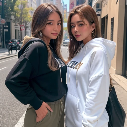 (Highest quality、4K、8k、High resolution、masterpiece:1.2)、Very detailed、(Genuine、Realistic、Realistic:1.3)、bustling street、smile、(Two Girls)、Brown-haired and blonde、Ear piercing、、Gal Makeup、Gal Fashion、hoodie、cargo pants、Necklace、Bracelets