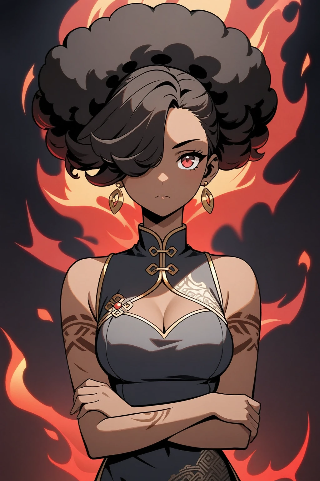 Genshin Impact art style, (dark-skinned older woman: 1.4), portrait, (curvaceous body: 1.3), medium breasts, (short curly afro hairstyle: 1.2), (hair covering one eye: 1.2), (black hair: 1.1), glowing dark red eyes, large scar across face, (ruby and gold jewelry and earrings: 1.2), black tribal marking on arms, calm and serious expression, (dark silver sleeveless qipao: 1.3), cleavage cutout, crossed arms, head turned away from viewer, dynamic pose, red fire aura, dark gradient background, 1girl, solo
