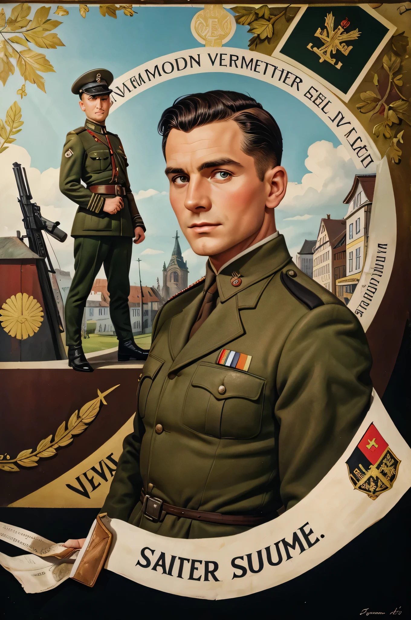 A man with straight dark hair in a German uniform from 1942, painted on a poster of the time, looking at the camera, surrounded by German propaganda , 30 yare sold."