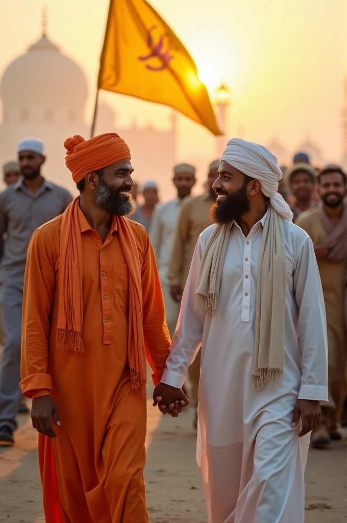 A Hindu man and a Muslim man holding hands, two people are very happy and many people are moving behind face good looking enemy effect background man hand yellow flag