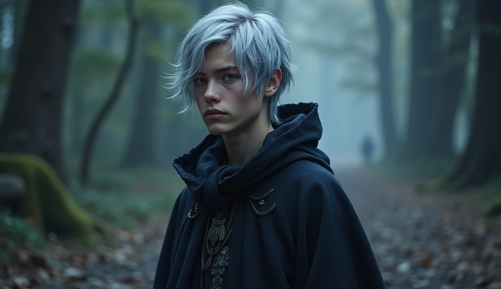 Character based on the world of Lord of the Rings, A high-fantasy horror, dark lord, a teenager half-elf young man with silver short hair and purple eyes, teenager Dark wizard, A younger man wearing a long cloak, rivendell, younger half-elf sorcerer