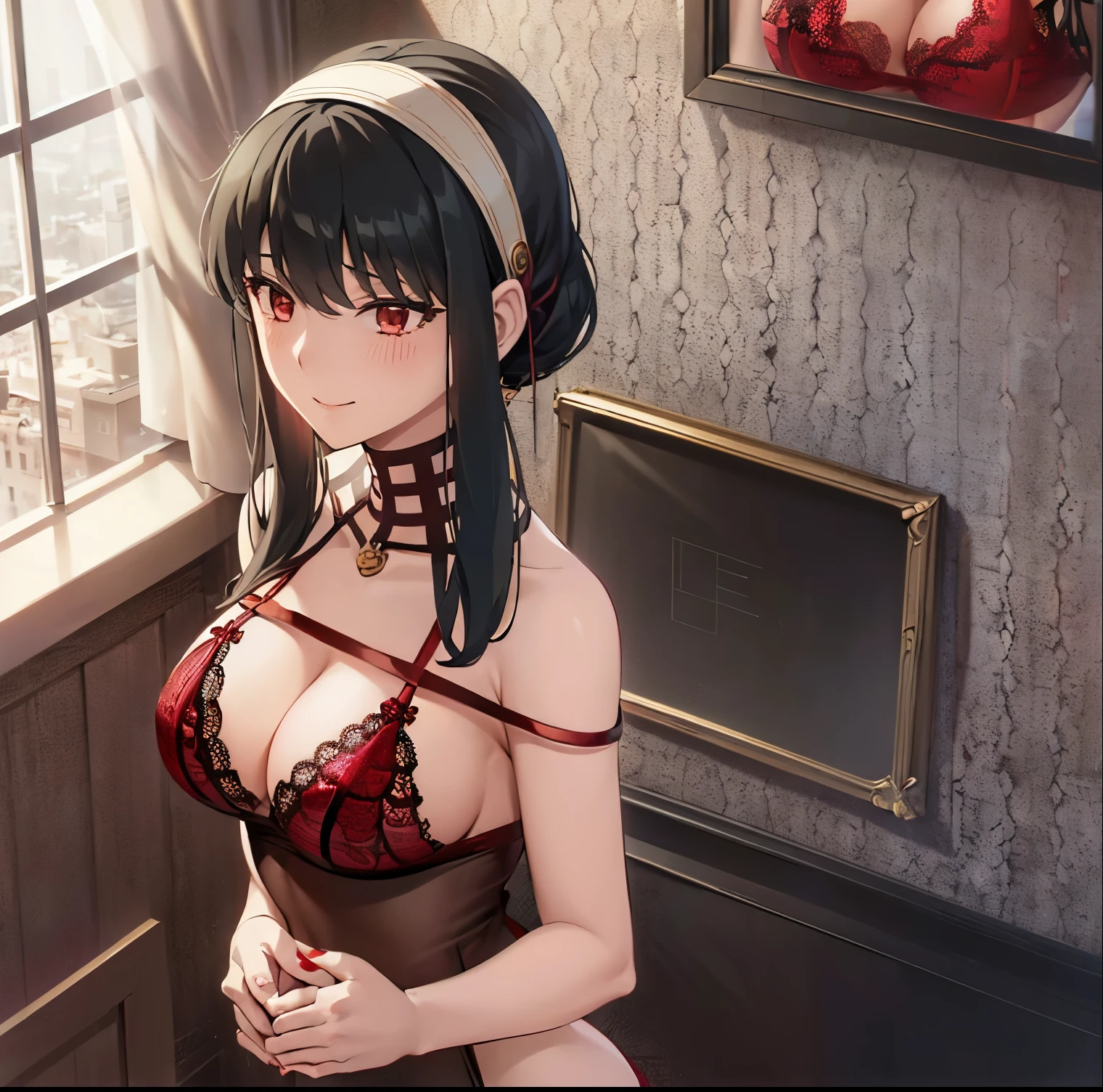 ((1girl)),((alone)),Yor Forger,(masterpiece), (best quality), (ultra detailed), (best illustration), (best shadow), (absurdities), sharp focus, cowboy photo , mature woman, looking at viewer, big breasts, narrow waist, wide hips, wide thighs, round butt, dynamic posture, golden headband, red eyes, black hair, short hair, hair with two long strands, gold earrings, jewelry, bare shoulders, collarbone, (white headband, red eyes, short black hair, long locks, gold earring, bare shoulders: 1.3, ((1piwza lingerie: 1.3)), ((red lingerie with black lace: 1.4)), ((cleavage)), navel: 1.4)), bare legs: 1.4, ((bare shoulders: 1.4)), bare thighs: 1.3, seductive smile, closed mouth, (sexy pose: 1.2), alone, standing: 1.3 , interior , house, room, window, night, cityscape, city lights, looking forward, ((focus on breasts)), point of view: (from above), red blush, perfect anatomy, perfect hands