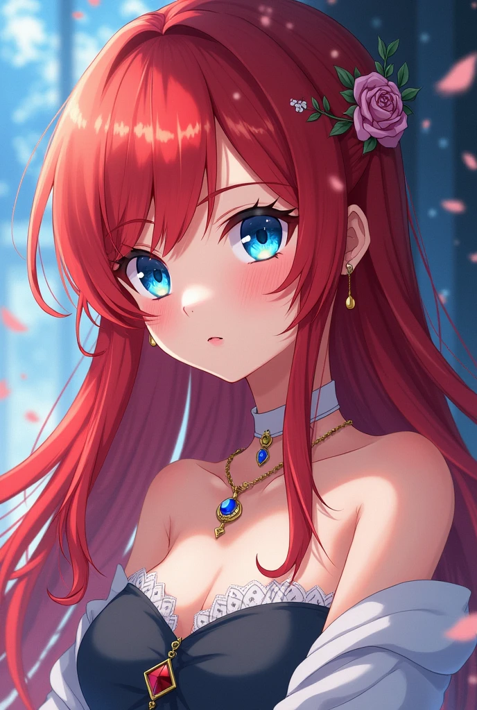 Beautiful long red hair brunette girl with blue eyes with red blush would be in the style of kimetsu no yaiba in 2D