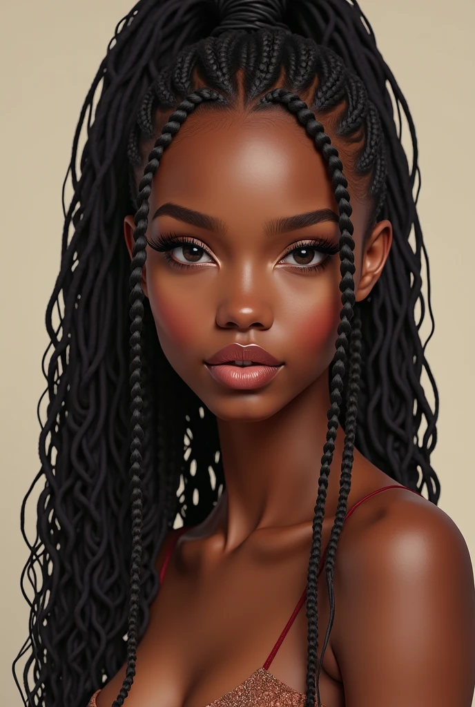 Beautiful African American coloring page, photorealism,16K realism, Hyper-realistic, bold line art, long detailed braids in ponytail with baby hair, long eye lashes, almond shape eyes, slim thick, no cleavage showing.