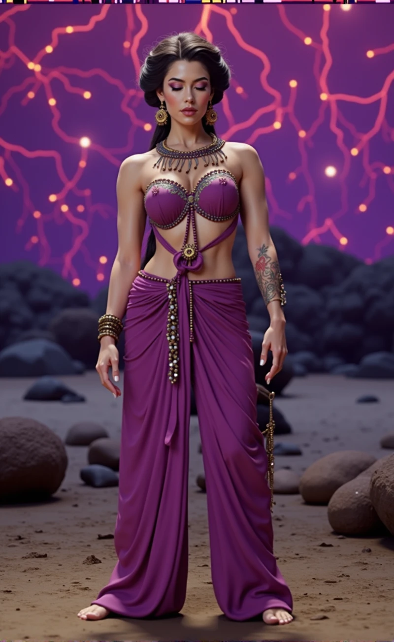 (1 nubile genie, 100% Anatomically Correct, in namaste pose, kneeling in namaste pose, on knees in namaste pose, perfectly rendered hands & fingers, perfectly rendered feet & toes, goddess features, highly detailed face, detailed eyes, lips and skin texture, greek goddess hairstyle with high ponytail, bodacious body, chest thrusted forward, deeply hypnotized, deeply entranced, intricately detailed harem clothing, exotic regalia, erotic outfit, fiery purple lightning environment, dynamic lighting, vivid colors, photorealistic, cinematic composition, masterpiece, best quality, 8k, highly detailed)
