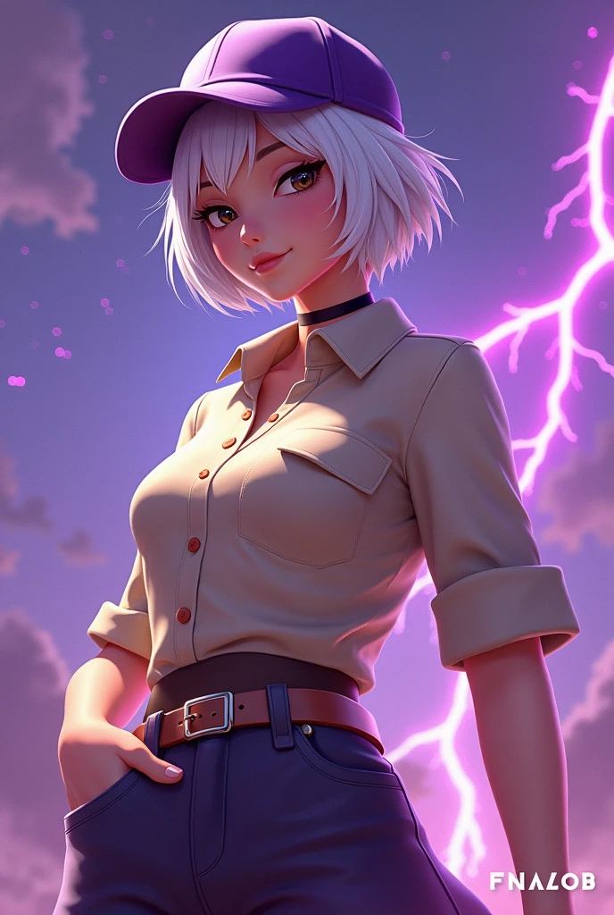 Free fire game style character,with purple cap, short white hair,beige blouse with GODDESS written on it Purple background with thunder