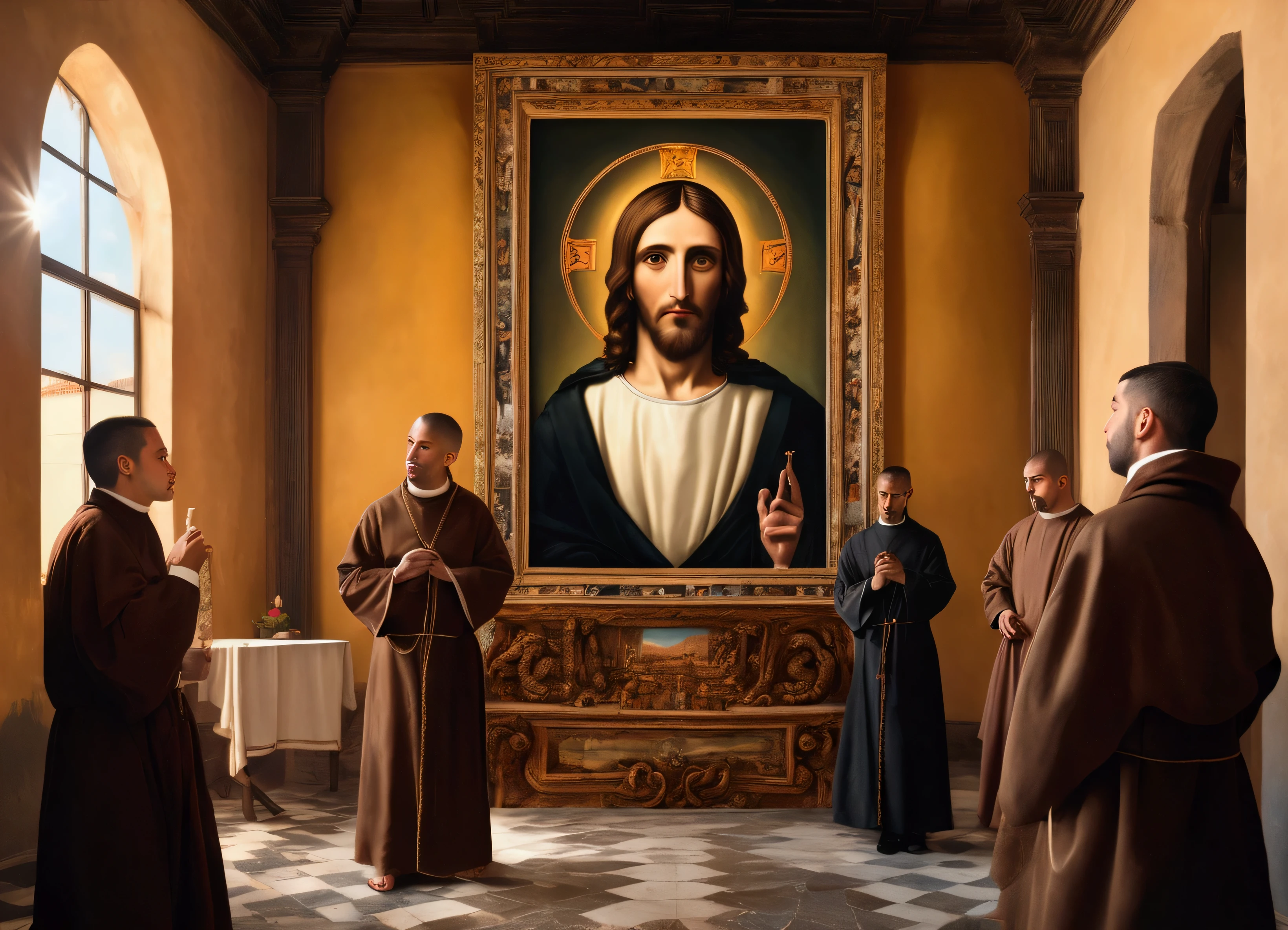 Realistic Image, san francisco de assis, skin fair, light brown eyes, short light brown hair with center of head shaved, dressed in a brown cassock with a straw-colored rope at the waist, is looking at Jesus Christ who is in the upper right of the painting, In the background of this image there is the facade of a convent in the Baroque architectural style., take portrait photography, warm colours, with contrast, slightly saturated colors, 8k, maximum possible resolution.