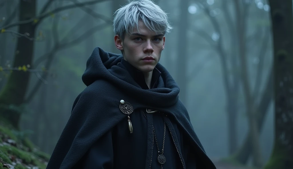 Character based on the world of Lord of the Rings, A high-fantasy horror, dark lord, a ager half-elf young man with silver short hair and purple eyes, teen Dark wizard, A younger man wearing a long cloak, rivendell, younger half-elf sorcerer