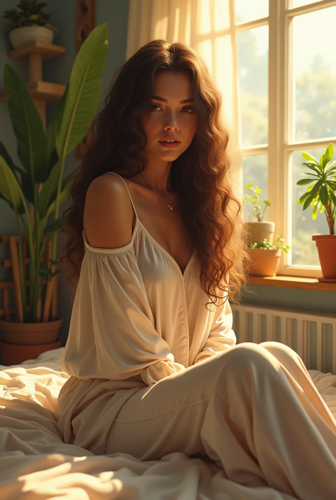 (photorealism:1.2), beautiful woman, sitting on bed, wearing loose off-shoulder top, pajama pants, long curly hair, indoors, soft lighting, plants in background, window with sunlight, cozy room, relaxed pose, realistic, intricate details, warm colors, by Greg Rutkowski, by Alphonse Mucha