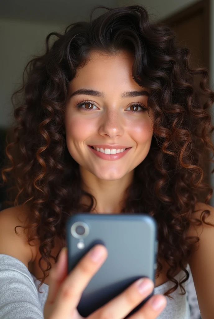 A brunette girl with curly hair , take a realistic photo, selfie, influencer, with his ipone
