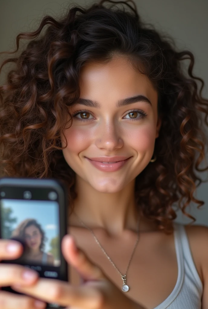 A brunette girl with curly hair , take a realistic photo, selfie, influencer, with his ipone
