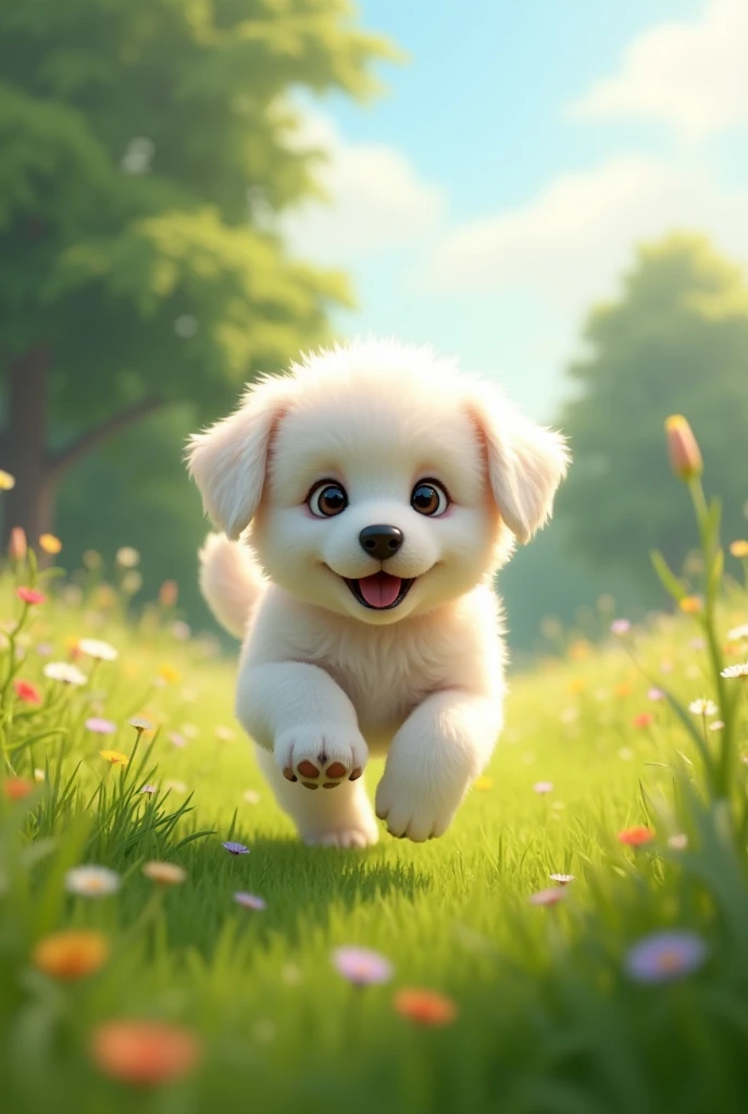 a white puppy running on the grass