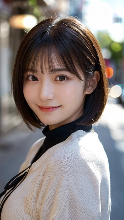 (Highest quality,masterpiece:1.3,Ultra-high resolution),(Very detailed,Caustics,8k),(Realistic:1.4,RAW shooting),1 girl,(Look at the camera with a smile),20-year-old,cute,Japanese,Short black hair,Long sleeve blouse,big ,Bust up shot,street,Face Focus,Natural light,Backlight,(A bright light shines from behind),(Lens flare),Professional Writing,(Low position),(Low Angle)