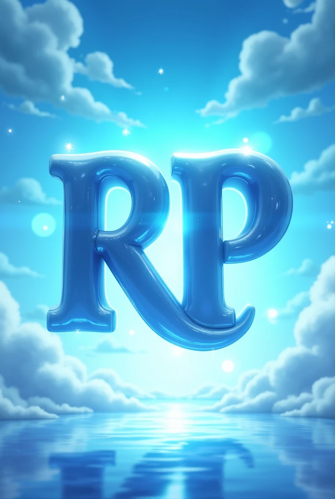 Make a 700 x 700 image with a light blue animated setting with anime and the letters RP centered and large with legendary lettering, do it like an advertising poster 