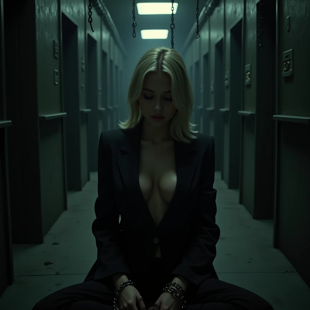 A mysterious film noir scene: a girl with light blonde hair to her shoulders sits in a dimly lit prison cell, surrounded by chains hanging from the walls and floor. her eyes cast downward as she gazes at the chain wrapped around her wrists. A black suit. Deep Cleavage, massive saggy breasts, Cinematic lighting highlights her delicate features, while bold shadows create a sense of drama. The chains' intricate details and the girl's formal attire evoke a sense of melancholy and confinement. (Deep Cleavage), (Massive Boobs), large boobs, high detail, cinematic lighting, depth of field